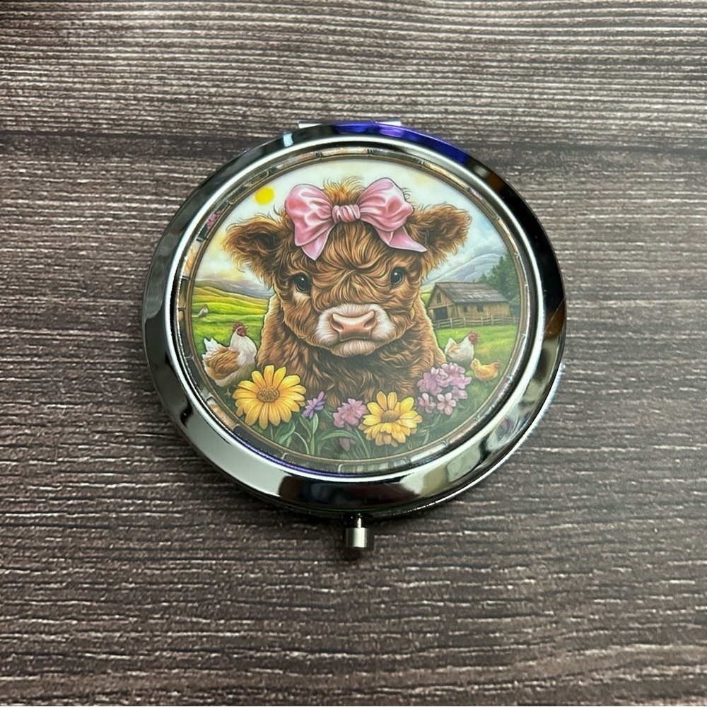 Highland Cow Compact Mirror with Pink Bow